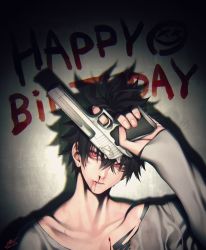 Rule 34 | 1boy, arm up, bare shoulders, black hair, bleeding, blood, blood on chest, blood on face, bruise, bruise on face, collarbone, dated, facial tattoo, fingernails, gun, hair between eyes, handgun, happy birthday, highres, holding, holding gun, holding weapon, injury, looking at viewer, male focus, nosebleed, original, parted lips, red eyes, scar, scratches, shoulder tattoo, signature, single bare shoulder, sleeves past wrists, smeared blood, solo, spotlight, tattoo, torn, torn clothes, weapon, yokaze (xxxdisxxx)