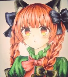 Rule 34 | 1girl, :&lt;, animal ear fluff, animal ears, black bow, blunt bangs, blush, bow, braid, cat ears, closed mouth, dress, extra ears, green dress, hair bow, juliet sleeves, kaenbyou rin, light smile, long hair, long sleeves, looking at viewer, mmoudame, pink background, puffy sleeves, red eyes, red hair, shikishi, simple background, slit pupils, solo, touhou, traditional media, twin braids, upper body