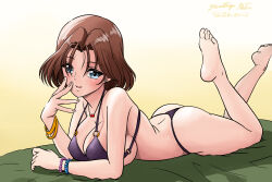 Rule 34 | 1girl, ass, azumi (girls und panzer), bikini, blue eyes, blush, breasts, brown hair, feet up, girls und panzer, highres, jewelry, large breasts, looking at viewer, lying, matsui yasutsugu, necklace, on stomach, open mouth, outdoors, purple bikini, shiny skin, short hair, solo, swimsuit, the pose