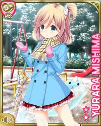 Rule 34 | 1girl, beads, blonde hair, blue jacket, bracelet, card (medium), day, girlfriend (kari), grey eyes, jacket, jewelry, lamppost, looking at viewer, mishima yurara, necklace, neckwear request, official art, outdoors, plaid, plaid skirt, playground, qp:flapper, red skirt, scarf, short hair, side ponytail, skirt, snow, solo, standing, swing set, tagme, umbrella, winter clothes, worried