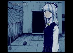 Rule 34 | 1girl, artist request, blue hair, bow, bowtie, brain, cardigan vest, chain-link fence, collared shirt, expressionless, fake screenshot, fence, grey hair, hair bow, highres, limited palette, long hair, looking at viewer, multicolored hair, nyalra (author), on roof, original, outdoors, parody, pleated skirt, railing, rooftop, shirt, shizuku (game), skirt, solo, two-tone hair, upper body, yellow bow, yellow eyes