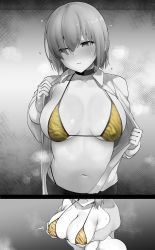 Rule 34 | 1boy, 1girl, animal print, bare shoulders, bikini, grabbing another&#039;s breast, breasts, choker, cleavage, closed mouth, collarbone, collared shirt, dress shirt, embarrassed, fate/grand order, fate (series), grabbing, greyscale, hair over one eye, highres, large breasts, long sleeves, looking to the side, mash kyrielight, monochrome, multiple views, navel, open clothes, open mouth, open shirt, shirt, short hair, spot color, swimsuit, tiger print, wakamochi-ta, yellow bikini