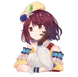 Rule 34 | 1girl, atelier (series), atelier sophie, beret, blue flower, blue rose, brown eyes, closed mouth, detached sleeves, flower, frills, gloves, hat, hat flower, looking to the side, puffy sleeves, red hair, rose, ryuuno6, short hair, simple background, single glove, smile, solo, sophie neuenmuller, white background, yellow hat
