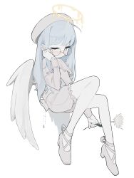Rule 34 | 1girl, absurdres, angel, ballet slippers, beret, blue hair, blunt bangs, flower, frilled shorts, frills, glasses, grey footwear, halo, hat, highres, holding, holding flower, light blue hair, light blush, myomuron, original, pale color, pale skin, round eyewear, shorts, simple background, solo, teardrop, tears, white background, wings, wiping tears, yellow halo