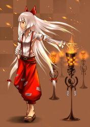 Rule 34 | 1girl, checkered background, clog sandals, feet, female focus, fire, fujiwara no mokou, gia, hand in pocket, lantern, light, long hair, no socks, outstretched arm, sandals, solo, suspenders, touhou, white hair, zouri
