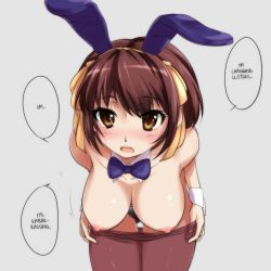 Rule 34 | 1girl, animal ears, black panties, blush, bow, bowtie, breasts, brown eyes, brown hair, clothes pull, detached collar, hanging breasts, hard-translated, haruhisky, looking at viewer, nipples, open mouth, panties, pantyhose, pantyhose pull, rabbit ears, short hair, simple background, solo, suzumiya haruhi, suzumiya haruhi no yuuutsu, third-party edit, translated, underwear, undressing, wrist cuffs