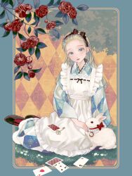 Rule 34 | 1girl, ace (playing card), ace of hearts, alice in wonderland, apron, argyle, argyle clothes, argyle kimono, bangs pinned back, black footwear, black hairband, blonde hair, blue kimono, card, chinese zodiac, enahamaru, expressionless, flower, full body, grey eyes, hairband, heart, highres, japanese clothes, key, kimono, long hair, looking at viewer, maid, original, playing card, pocket watch, rabbit, red flower, red rose, rose, sitting, solo, wa maid, watch, white apron, white rabbit (animal), wide sleeves, year of the rabbit