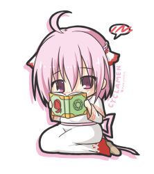 Rule 34 | 1girl, ahoge, blush, book, braid, character name, chibi, commentary request, covered mouth, cyclamen (flower knight girl), dress, flower knight girl, hair between eyes, hair ribbon, head tilt, hexagram, holding, holding book, long sleeves, looking at viewer, nose blush, open book, pink hair, purple eyes, ri-net, ribbon, sitting, solo, spoken blush, twitter username, white background, white dress, wide sleeves, yokozuwari