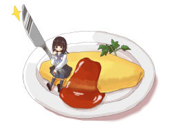 Rule 34 | 1girl, black hair, commentary, food, highres, ketchup, knife, manmi, mini person, minigirl, omelet, omurice, original, plate, school uniform, serafuku, sitting, solo, tongue, tongue out, white background