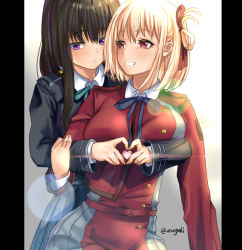 Rule 34 | 2girls, aona (anagasaki), black hair, blonde hair, blue ribbon, breasts, commentary request, gradient background, grey background, hair ribbon, heart, heart hands, inoue takina, long hair, long sleeves, looking at another, looking at viewer, lycoris recoil, medium breasts, multiple girls, neck ribbon, nishikigi chisato, pillarboxed, purple eyes, red eyes, red ribbon, ribbon, short hair, smile, uniform, yuri