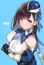 Rule 34 | 1girl, 92m, artist name, belt pouch, between breasts, black gloves, blue hat, blue necktie, blue ribbon, blue sleeves, breasts, brown hair, clothes writing, collared shirt, copyright name, detached sleeves, garrison cap, gloves, goddess of victory: nikke, hair ribbon, hat, highres, interlocked fingers, large breasts, light blush, long hair, looking at viewer, marian (nikke), necktie, pouch, purple eyes, ribbon, shirt, short necktie, sideboob, simple background, smile, solo, strap, strap between breasts, tilted headwear