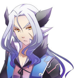 Rule 34 | 1boy, animal ears, bad id, bad pixiv id, blue hair, diras, eyelashes, forked eyebrows, harvest moon, long hair, male focus, rune factory, rune factory 4, scar, simple background, solo, thick eyebrows, utani (punishment), white background, yellow eyes