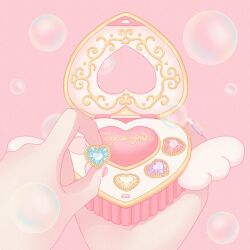 Rule 34 | 1other, angel wings, beads, blue gemstone, bubble, compact (cosmetics), english text, feet out of frame, gem, heart-shaped gem, highres, holding, holding gem, multicolored nails, nail art, nail polish, nekomaru0817, object focus, original, pink background, pink gemstone, pink nails, purple gemstone, purple nails, simple background, wings, yellow gemstone