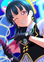 Rule 34 | 1girl, ;), absurdres, artist name, artist request, black gloves, black vest, blue hair, blush, breasts, cellphone, collarbone, earrings, female focus, gloves, green ribbon, hair bun, highres, holding, holding cellphone, holding phone, isami don, jewelry, long hair, looking at viewer, love live!, love live! school idol festival, love live! sunshine!!, bowtie, one eye closed, parted lips, phone, pink eyes, purple eyes, ribbon, shirt, short sleeves, single hair bun, skirt, small breasts, smile, solo, sparkle earrings, sparkle print, teeth, tsushima yoshiko, v-shaped eyebrows, vest, white shirt, white skirt