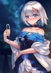 Rule 34 | 1girl, admiral graf spee (a novel anniversary) (azur lane), admiral graf spee (azur lane), alcohol, ashisi, azur lane, bad id, bad pixiv id, balcony, blue dress, blue eyes, blunt bangs, blush, bow, breasts, cleavage, cleavage cutout, clothing cutout, collarbone, cowboy shot, cup, detached collar, dress, drinking glass, earrings, glass, hand on own hip, highres, holding, holding cup, jewelry, layered dress, looking at viewer, milky way, multicolored hair, nose blush, off shoulder, red hair, shawl, short hair, sidelocks, silver hair, sky, small breasts, smile, solo, star (sky), starry sky, streaked hair, tree, white dress, wine, wine glass