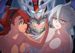 Rule 34 | 2girls, ahoge, antennae, aqua eyes, black hairband, breasts, collarbone, commentary request, cowboy shot, glowing, glowing eyes, grey eyes, gundam, gundam aerial, gundam seed, gundam seed destiny, gundam suisei no majo, hairband, heart, heart hands, ka-9, looking at another, low ponytail, mecha, medium breasts, miorine rembran, mobile suit, multiple girls, no nipples, nude, open mouth, parody, red hair, robot, suletta mercury, v-fin, yuri