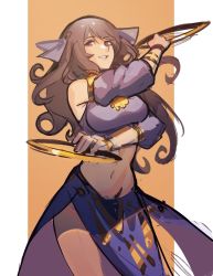 Rule 34 | 1girl, bow, brown hair, chakram, detached sleeves, distr, gift art, hair bow, highres, holding, holding weapon, long hair, looking at viewer, navel, original, parted lips, pelvic curtain, purple eyes, sketch, smile, solo, standing, weapon