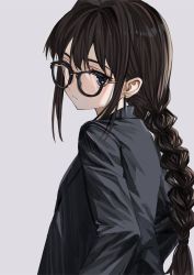 Rule 34 | 1girl, black-framed eyewear, blue eyes, braid, brown hair, closed mouth, commentary request, earrings, elisia valfelto, eyebrows hidden by hair, glasses, grey background, grey shirt, hair intakes, highres, jewelry, long hair, looking at viewer, looking to the side, luicent, original, shirt, simple background, single braid, solo, stud earrings, upper body, very long hair