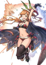 Rule 34 | &gt;;d, 10s, 1girl, :d, ;d, arm up, armpits, black thighhighs, blush, boots, breasts, brown hair, cape, christmas, clarisse (granblue fantasy), cleavage, fur trim, gloves, gou (ga673899), granblue fantasy, green eyes, haoni, hat, jumping, long hair, looking at viewer, navel, one eye closed, open mouth, santa boots, santa hat, smile, solo, stomach, thighhighs, v-shaped eyebrows