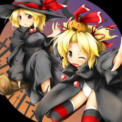 Rule 34 | 2girls, alternate costume, alternate hairstyle, blonde hair, breasts, broom, broom riding, dual persona, embodiment of scarlet devil, fang, female focus, food-themed hair ornament, hair ornament, halloween, hat, hat ribbon, multiple girls, one eye closed, outstretched arms, panties, patterned legwear, pumpkin, pumpkin hair ornament, red star (toranecomet), ribbon, rumia, short twintails, sidesaddle, smile, spread arms, striped legwear, thighhighs, touhou, twintails, underwear, wink, witch hat