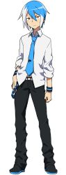 Rule 34 | 1boy, belt, blue hair, blue nails, blue necktie, expressionless, full body, hand on own hip, highres, looking at viewer, male focus, matsuda toki, matsudappoiyo, multicolored hair, nail polish, necktie, pants, red eyes, short hair, solo, standing, transparent background, two-tone hair, utau, wristband