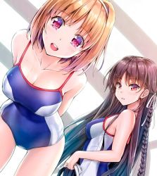 Rule 34 | 2girls, :d, arms behind back, bare shoulders, bent over, blonde hair, blue one-piece swimsuit, blush, braid, breasts, brown hair, ceiling, cleavage, collarbone, commentary request, competition swimsuit, cowboy shot, dutch angle, hair ribbon, hairband, holding, horikita suzune, indoors, koyuki (kotatsu358), kushida kikyou, large breasts, long hair, looking at viewer, looking to the side, medium breasts, multiple girls, one-piece swimsuit, open mouth, parted lips, pink eyes, red eyes, ribbon, round teeth, short hair, side braid, smile, standing, straight hair, sweat, swimsuit, teeth, thighs, upper body, very long hair, white hairband, white ribbon, youkoso jitsuryoku shijou shugi no kyoushitsu e