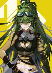 Rule 34 | 1girl, absurdres, aheng, arknights, bare shoulders, black gloves, crop top, gavial (arknights), gavial the invincible (arknights), gloves, goggles, goggles on head, green hair, hand on own hip, highres, long hair, looking at viewer, mask, mask around neck, material growth, midriff, navel, oripathy lesion (arknights), pointy ears, solo, stomach, torn clothes, torn gloves, upper body, very long hair, yellow background, yellow eyes