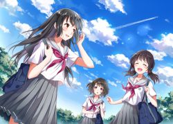 Rule 34 | 3girls, ^ ^, arm up, bag, black hair, blue sky, blush, brown eyes, closed eyes, cloud, cloudy sky, collarbone, contrail, day, dutch angle, grey skirt, hair ornament, hairclip, hand up, long hair, looking up, low twintails, multiple girls, neckerchief, open mouth, original, outdoors, pleated skirt, purple eyes, purple neckerchief, running, school bag, school uniform, serafuku, short hair, shoulder bag, skirt, sky, smile, standing, twintails, wavy hair, yatomi