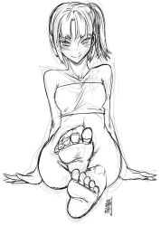 Rule 34 | 1girl, antaria, bare shoulders, barefoot, bottomless, collarbone, feet, foot focus, foreshortening, greyscale, monochrome, original, signature, sitting, sketch, smile, soles, solo, strapless, toes, tube top, white background