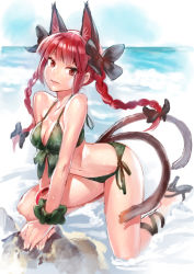 Rule 34 | 1girl, adapted costume, animal ears, arched back, bare shoulders, bikini, bow, braid, breasts, cat ears, cat tail, cleavage, collarbone, duplicate, extra ears, front-tie bikini top, front-tie top, green bikini, hair bow, halterneck, high heels, kaenbyou rin, kneeling, leg ribbon, lips, long hair, looking at viewer, matsuda (matsukichi), medium breasts, multiple tails, navel, nekomata, parted lips, red eyes, red hair, ribbon, shoes, side-tie bikini bottom, smile, solo, swimsuit, tail, touhou, twin braids, v arms, water, wrist cuffs