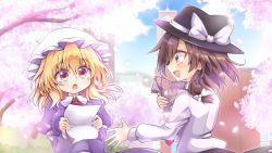 Rule 34 | 2girls, black headwear, blonde hair, blouse, bow, brick wall, brown eyes, brown hair, cherry blossoms, commentary request, flyer, hat, hat bow, highres, keyaki chimaki, maribel hearn, mob cap, multiple girls, open mouth, outdoors, shirt, touhou, tree, upper body, usami renko, white headwear, white shirt, yellow eyes