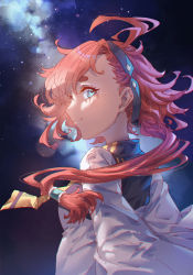 Rule 34 | 1girl, absurdres, ahoge, black hairband, blue eyes, breasts, commentary, from behind, gundam, gundam suisei no majo, hairband, highres, innoarukugyou, long hair, looking at viewer, looking back, low-tied long hair, night, night sky, red hair, sky, small breasts, smile, star (sky), starry sky, suletta mercury, upper body