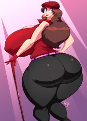 Rule 34 | 1girl, absurdres, ass, belt, blue eyes, breasts, brown hair, covered erect nipples, curvy, donkey kong (series), earrings, eyeshadow, female focus, gigantic breasts, gloves, gluteal fold, golf club, hand on own hip, hat, highres, huge ass, jaeh the bird, jewelry, lipstick, long hair, looking back, makeup, mario (series), mario golf, mario golf: super rush, nintendo, pauline (mario), simple background, solo, thick thighs, thighs, wide hips