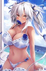 Rule 34 | 1girl, absurdres, black nails, blue flower, blue ribbon, blue rose, blue sky, bra, breasts, brown eyes, cloud, cloudy sky, covered mouth, dark-skinned female, dark skin, dated, floral print, flower, hair between eyes, hair ribbon, highres, jewelry, kantai collection, large breasts, light brown hair, mashiro yukiya, musashi (kancolle), nail polish, ocean, one-hour drawing challenge, panties, petals, ribbon, ring, rose, rose print, short hair with long locks, sitting, sky, solo, twintails, two side up, underwear, water, wedding band, white bra, white panties