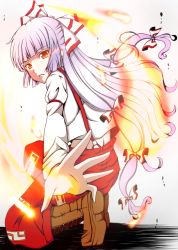 Rule 34 | 1girl, bad id, bad pixiv id, boots, bow, female focus, fujiwara no mokou, hair bow, long hair, outstretched hand, parted lips, red eyes, sawade, solo, squatting, suspenders, touhou, white hair