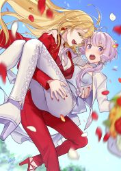 Rule 34 | 2girls, ahoge, arm around shoulder, blonde hair, blurry foreground, blush, bouquet, carrying, cherico, commentary, falling petals, flower, formal, green eyes, hair tubes, high heels, highres, long hair, looking at viewer, multiple girls, nail polish, open mouth, pants, petals, princess carry, purple eyes, purple hair, red nails, red pants, red suit, sidelocks, signature, suit, tsurumaki maki, vocaloid, voiceroid, white pants, white suit, yuzuki yukari