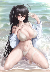 Rule 34 | 1girl, ;p, absurdres, ahoge, azur lane, bare shoulders, beach, bikini, black hair, breasts, cellphone, collarbone, full body, gluteal fold, hair between eyes, hand on own chest, highleg, highleg bikini, highres, holding, holding phone, huge breasts, iphone, kneeling, long hair, long sleeves, looking at viewer, navel, ocean, off shoulder, official alternate costume, one eye closed, one side up, open clothes, open shirt, outdoors, phone, porko, red eyes, sand, shirt, side ponytail, skindentation, smartphone, solo, string bikini, swimsuit, taihou (azur lane), taihou (seaside daydreams) (azur lane), thigh strap, tongue, tongue out, very long hair, water, white bikini, white shirt