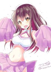 Rule 34 | 1girl, akagi (kancolle), alternate costume, black hair, blush, breasts, cheerleader, commentary request, hair between eyes, highres, hizaka, kantai collection, long hair, medium breasts, miniskirt, one-hour drawing challenge, open mouth, orange eyes, pom pom (cheerleading), purple skirt, simple background, skirt, smile, solo, twitter username, white background