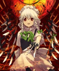 Rule 34 | 1girl, apron, between fingers, blood, bloody knife, blue dress, bow, braid, clock, dress, floating, floating object, green bow, grey hair, hair bow, highres, holding, holding knife, izayoi sakuya, kaigen 1025, knife, looking at viewer, maid headdress, medium hair, neck ribbon, open mouth, red background, red eyes, ribbon, shirt, short sleeves, smile, solo, touhou, twin braids, upper body, waist apron, white shirt