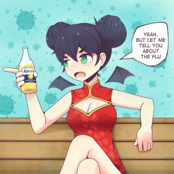 Rule 34 | 1girl, alcohol, beer, bench, black hair, breasts, chinese clothes, cleavage, cleavage cutout, clothing cutout, commentary request, corona-chan, corona (brand), coronavirus, coronavirus pandemic, english text, green eyes, hair bun, highres, ink (inksgirls), meme, original, personification, wings