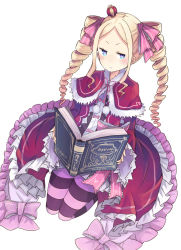 Rule 34 | 10s, beatrice (re:zero), blonde hair, bug, butterfly, butterfly-shaped pupils, crown, dress, drill hair, frilled dress, frills, full body, fur trim, highres, holding, insect, keid, legs together, long hair, long sleeves, looking at viewer, mini crown, pantyhose, re:zero kara hajimeru isekai seikatsu, simple background, solo, striped clothes, striped pantyhose, swept bangs, symbol-shaped pupils, twin drills, white background