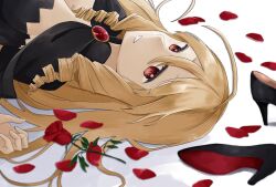 Rule 34 | 1girl, ahoge, blonde hair, breasts, cape, cleavage, dress, drill hair, flower, hayate no gotoku!, high heels, highres, jewelry, large breasts, long hair, looking at viewer, lying, red eyes, rose, shoes, solo, tennousu athena, upper body