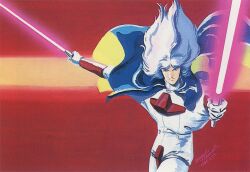 Rule 34 | 1980s (style), 1985, 1boy, blue hair, cape, character request, dated, dual wielding, energy sword, gloves, holding, juusenki l-gaim, kitazume hiroyuki, long hair, looking at viewer, male focus, official art, oldschool, promotional art, retro artstyle, scan, science fiction, sword, traditional media, uniform, weapon