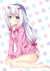 Rule 34 | 1girl, bare legs, barefoot, between legs, blue eyes, blush, bow, closed mouth, commentary request, eromanga sensei, full body, hair between eyes, hair bow, hand between legs, izumi sagiri, long hair, long sleeves, low-tied long hair, multicolored polka dots, panties, pink panties, pink shirt, polka dot, polka dot background, red bow, shirt, sidelocks, silver hair, sitting, solo, suzukawa yui, underwear, v-shaped eyebrows, very long hair, wariza, white background