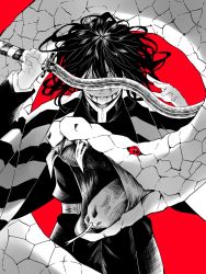 Rule 34 | 1boy, animal, covered eyes, cowboy shot, haori, higashitororo, highres, holding, holding sword, holding weapon, iguro obanai, japanese clothes, kimetsu no yaiba, long sleeves, male focus, monochrome, oversized animal, red background, scar, scar on face, scar on mouth, snake, solo, spot color, sword, weapon