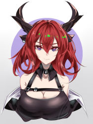 Rule 34 | 1girl, arknights, bad id, bad pixiv id, bare shoulders, breasts, chinese commentary, circle, cleavage, commentary request, cropped torso, gradient background, grey background, hair between eyes, highres, horns, large breasts, long hair, looking at viewer, purple eyes, red hair, sizhe, solo, surtr (arknights), upper body