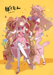 Rule 34 | 2girls, apron, box, clone, confetti, crossed legs, crown, dress, gift, gift box, gloves, hair ornament, hat, light brown hair, long hair, mini crown, multiple girls, natori sana, nurse cap, nuudoru, open mouth, orange background, pink apron, pink dress, rabbit hair ornament, red eyes, sana channel, shoes, sitting, squiggle, standing, stuffed animal, stuffed rabbit, stuffed toy, thighhighs, throne, two side up, virtual youtuber, white dress, white gloves, white thighhighs