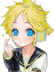 Rule 34 | 1boy, aged down, bad id, bad twitter id, black sailor collar, blonde hair, blue eyes, blush, detached sleeves, hand up, headset, kagamine len, korpokkur kne, long sleeves, looking at viewer, microphone, nail polish, sailor collar, short hair, short sleeves, simple background, solo, vocaloid, white background, yellow nails, yellow neckwear