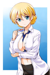 Rule 34 | 10s, 1girl, alternate costume, between breasts, blonde hair, blue eyes, blush, breasts, cleavage, cup, darjeeling (girls und panzer), girls und panzer, highres, kumoi takashi, large breasts, looking at viewer, navel, open clothes, pantyhose, smile, solo, teacup