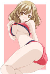 Rule 34 | 1girl, arm behind back, ass, bikini, bikini top lift, breasts, brown eyes, closed mouth, clothes lift, commentary request, head tilt, highres, kikuchi tsutomu, large breasts, leaning forward, light brown hair, looking at viewer, looking back, medium hair, original, outside border, pink background, pink bikini, simple background, smile, solo, standing, swimsuit, underboob